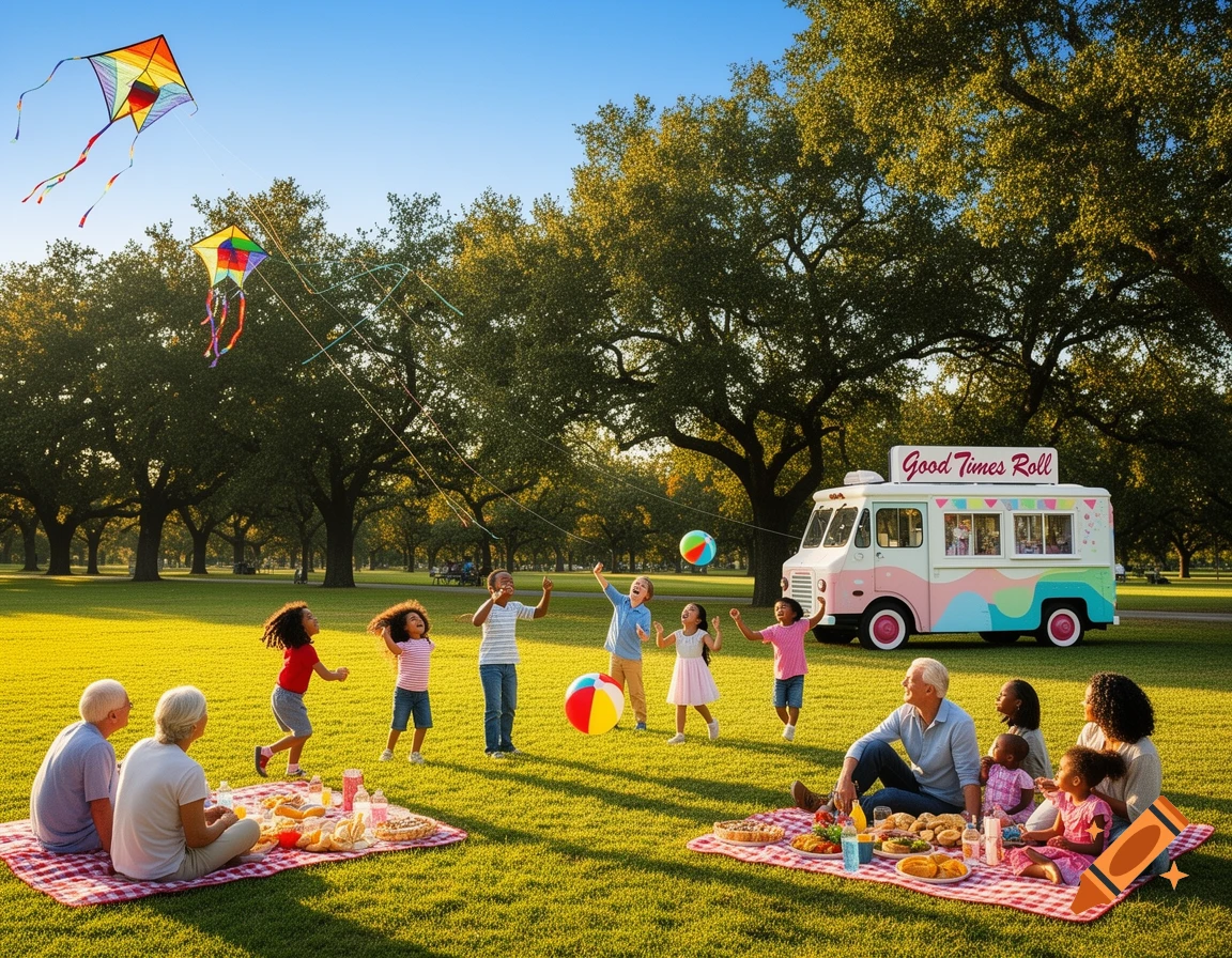 Families and children enjoy a sunny picnic in a green park, with kites flying and an ice cream truck nearby.