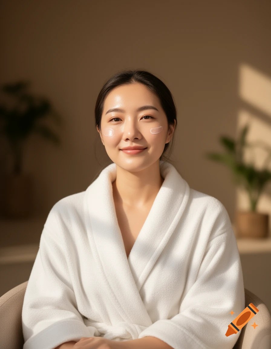 Smiling Asian woman in a white bathrobe with skincare cream on her face, bathed in natural light, a photorealistic skincare portrait.