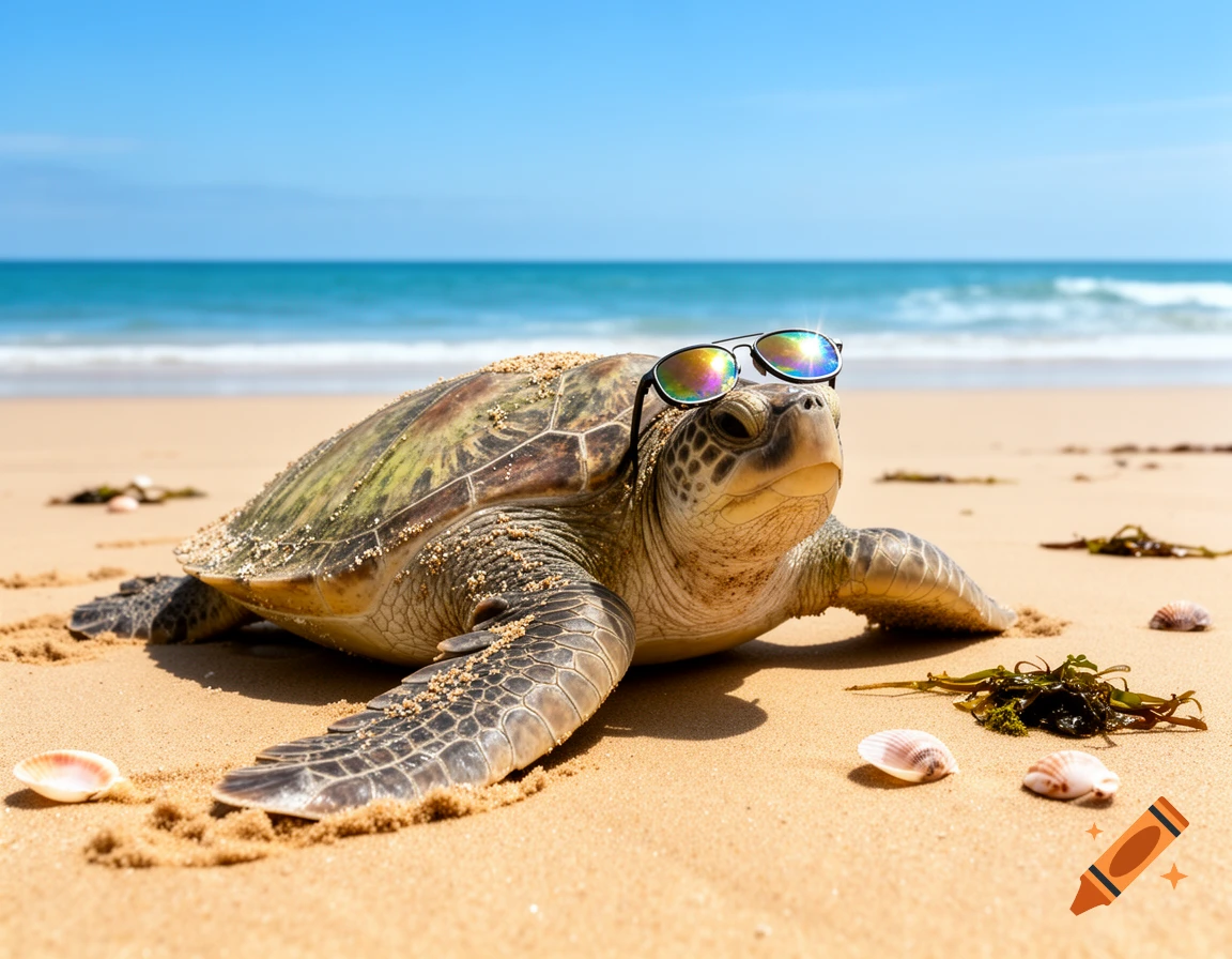 A realistic turtle wearing sunglasses lies on a sandy beach with the ocean in the background under a clear blue sky.