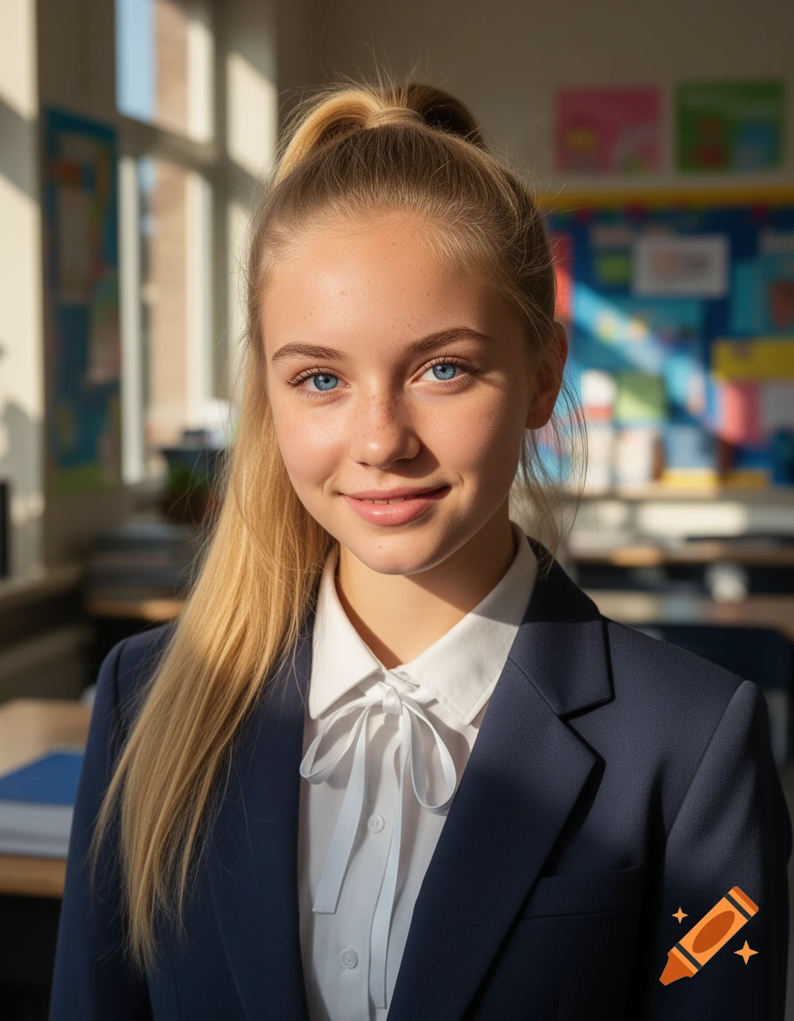 Photorealistic portrait of a smiling young female student with blonde hair in a ponytail and blue eyes, wearing a school uniform, bathed in sunlight in a classroom.