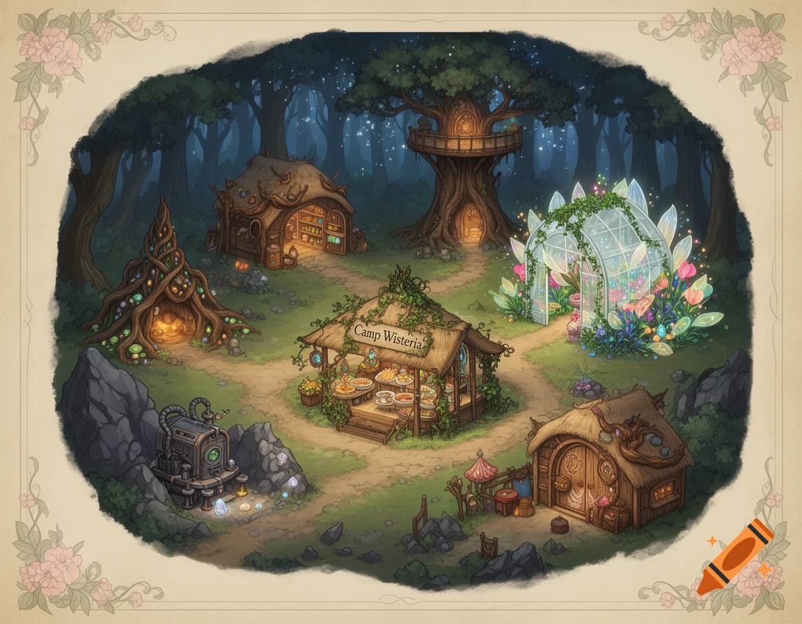 A whimsical illustrated map of Camp Wisteria, a fairy camp nestled in an enchanted forest with various magical buildings.