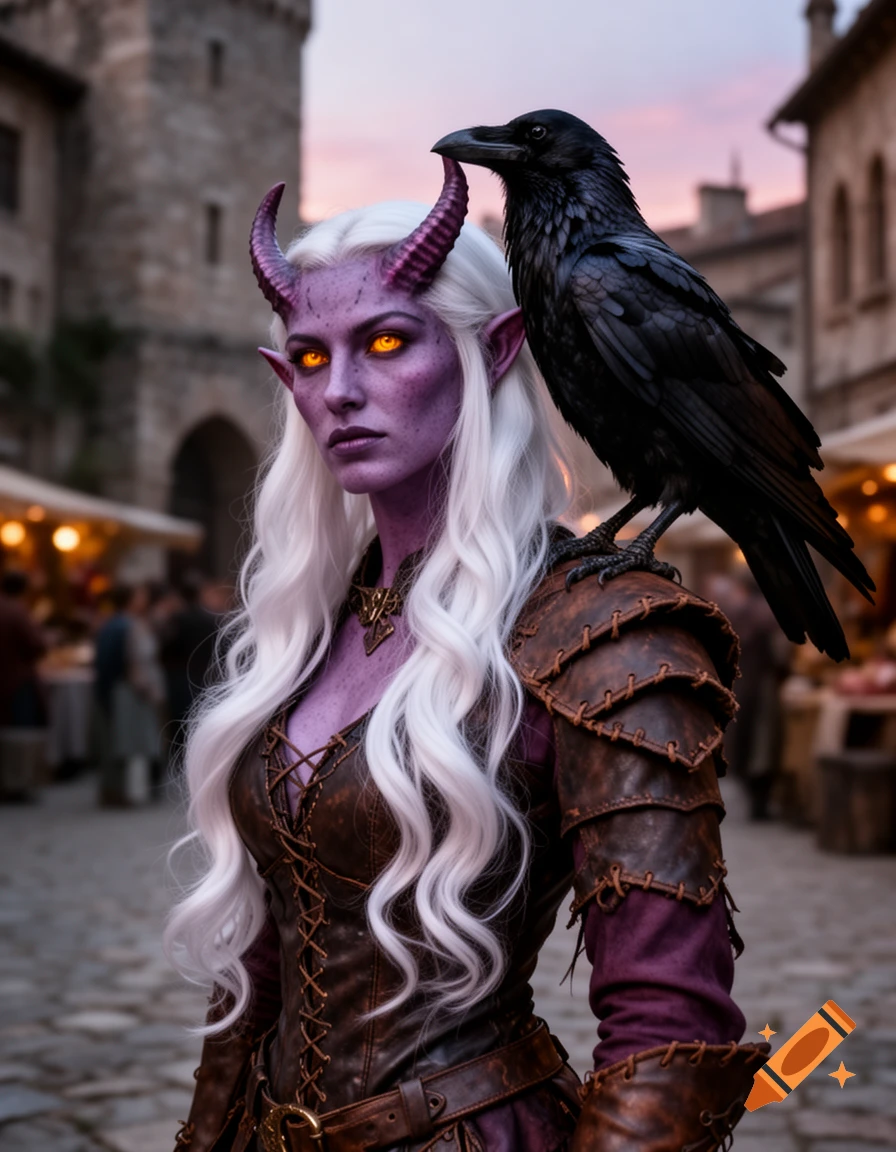 A female Tiefling with purple skin, white hair, glowing amber eyes, and horns, stands with a raven on her shoulder in a medieval town street.