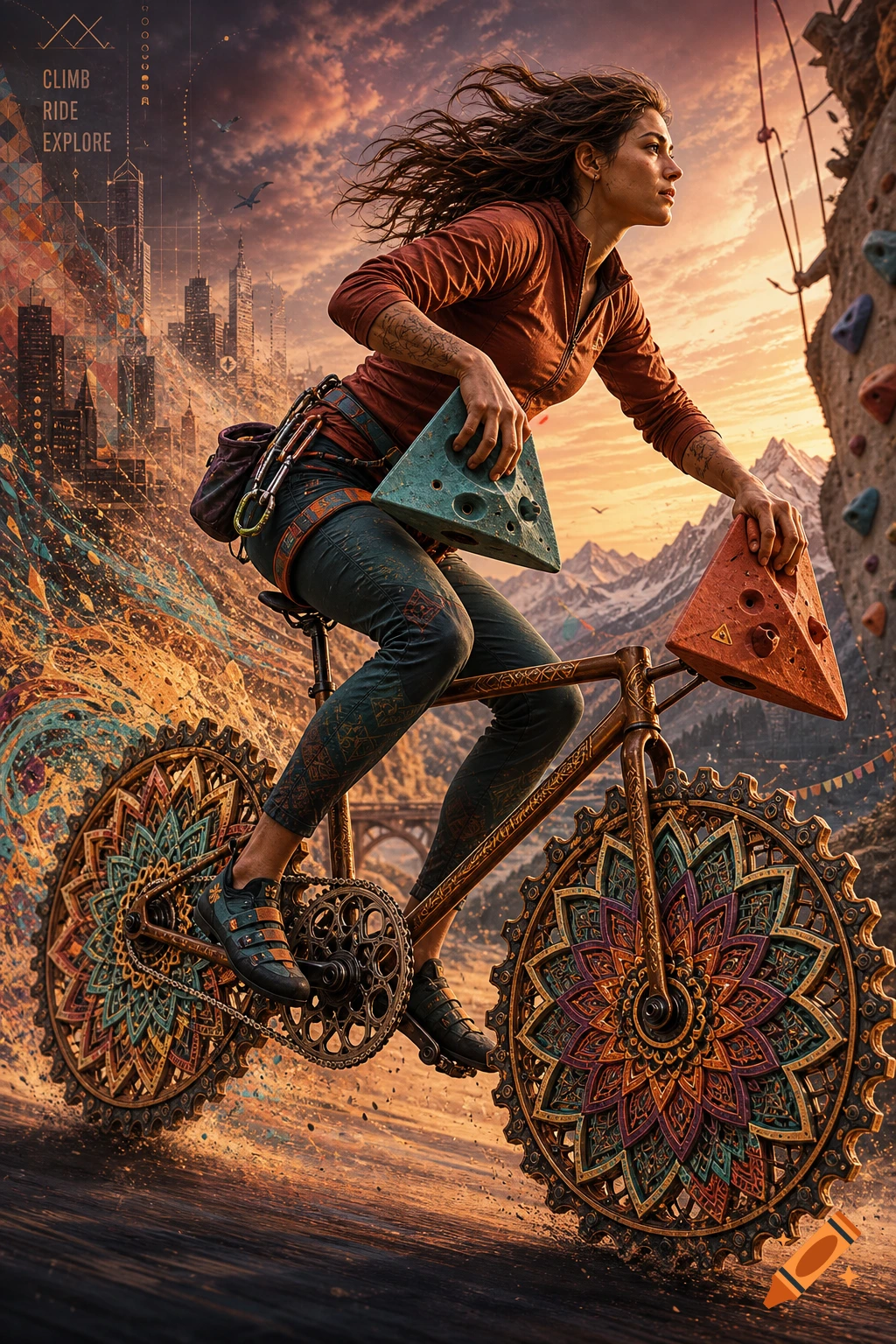A woman on a stylized bike with mandala wheels, holding pyramid climbing holds in a surreal urban-mountain landscape.