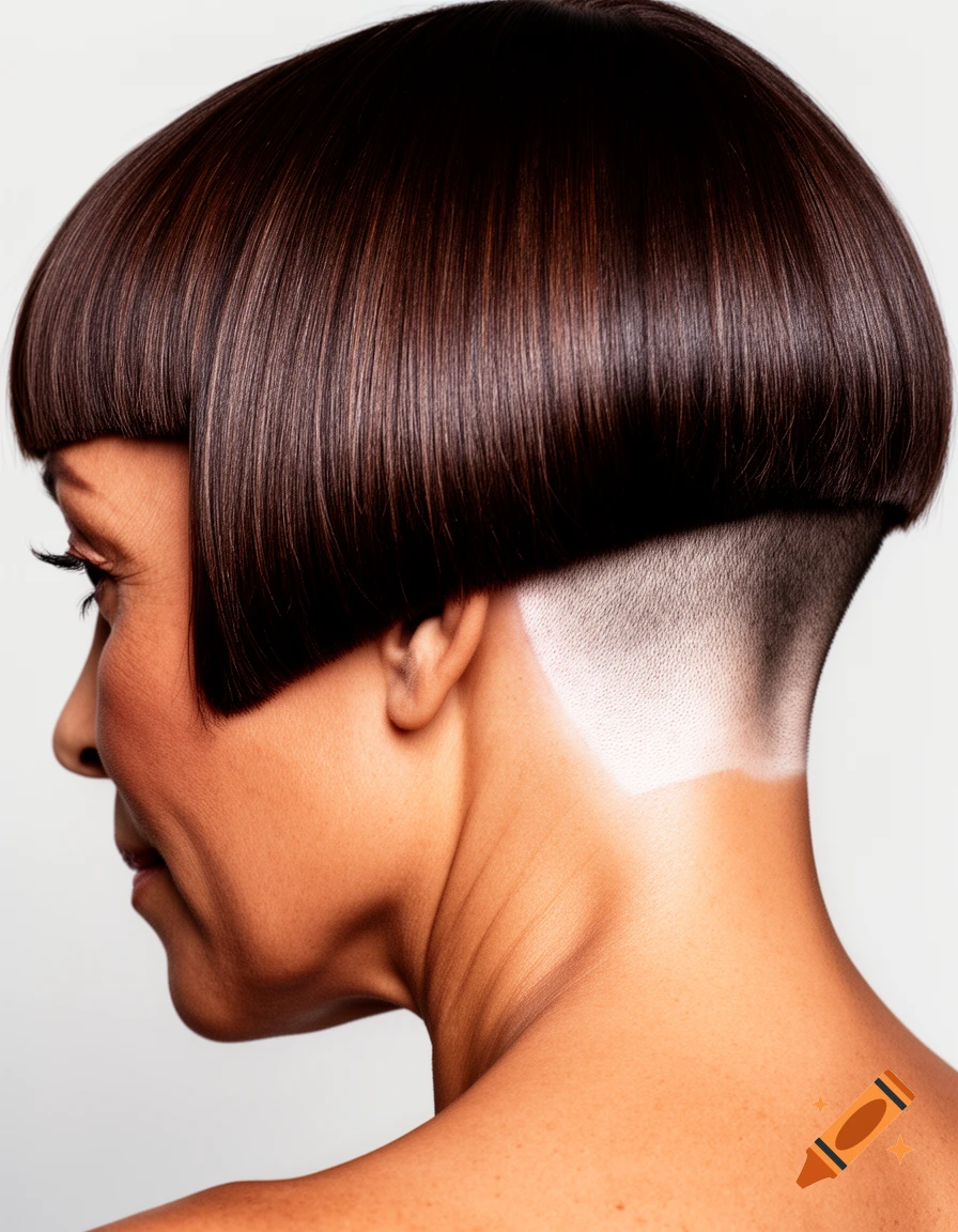 Close-up profile of a woman with a precise, dark brown box bob haircut with a contrasting shaved nape that is much lighter than her skin.