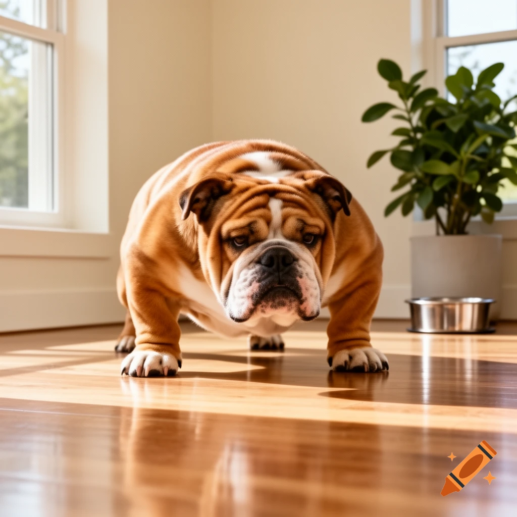 A low-angle, close-up shot of a tan and white bulldog crouching on a shiny wooden floor in a sunlit room.
