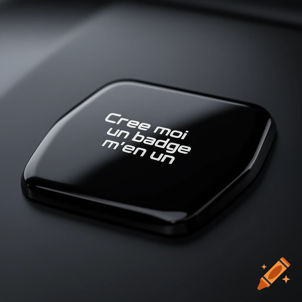 A glossy black badge with rounded corners features the white text "Cree moi un badge m'en un" on a dark background.