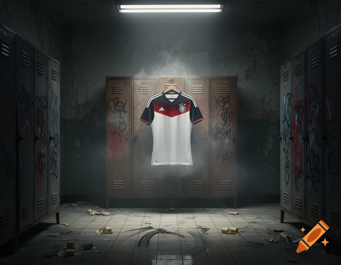 A Germany national football team jersey hangs in a dark, run-down, graffiti-covered locker room with fog.
