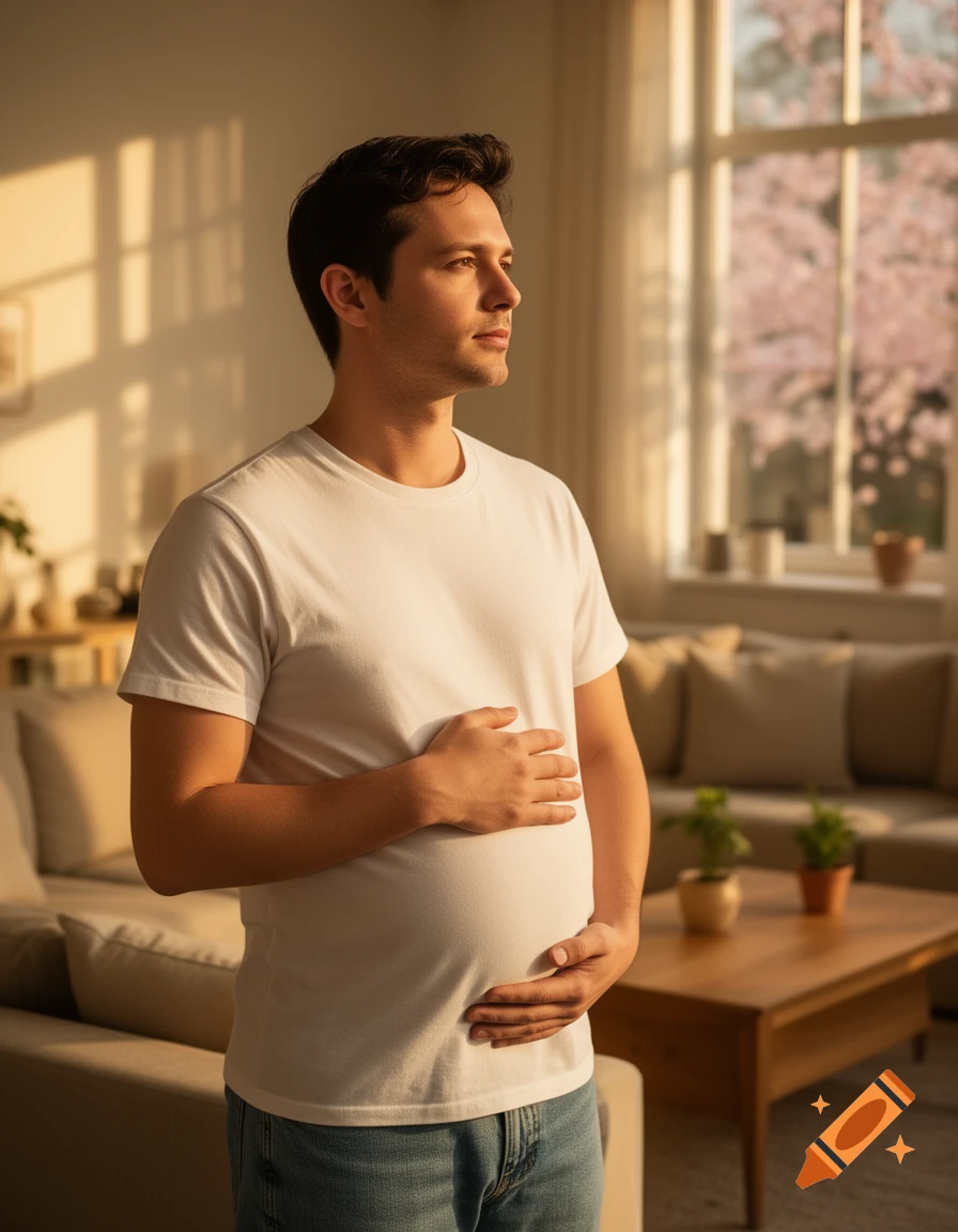 Photorealistic image of a man with a pregnant belly, standing in a sunlit living room and looking out a window with cherry blossoms.