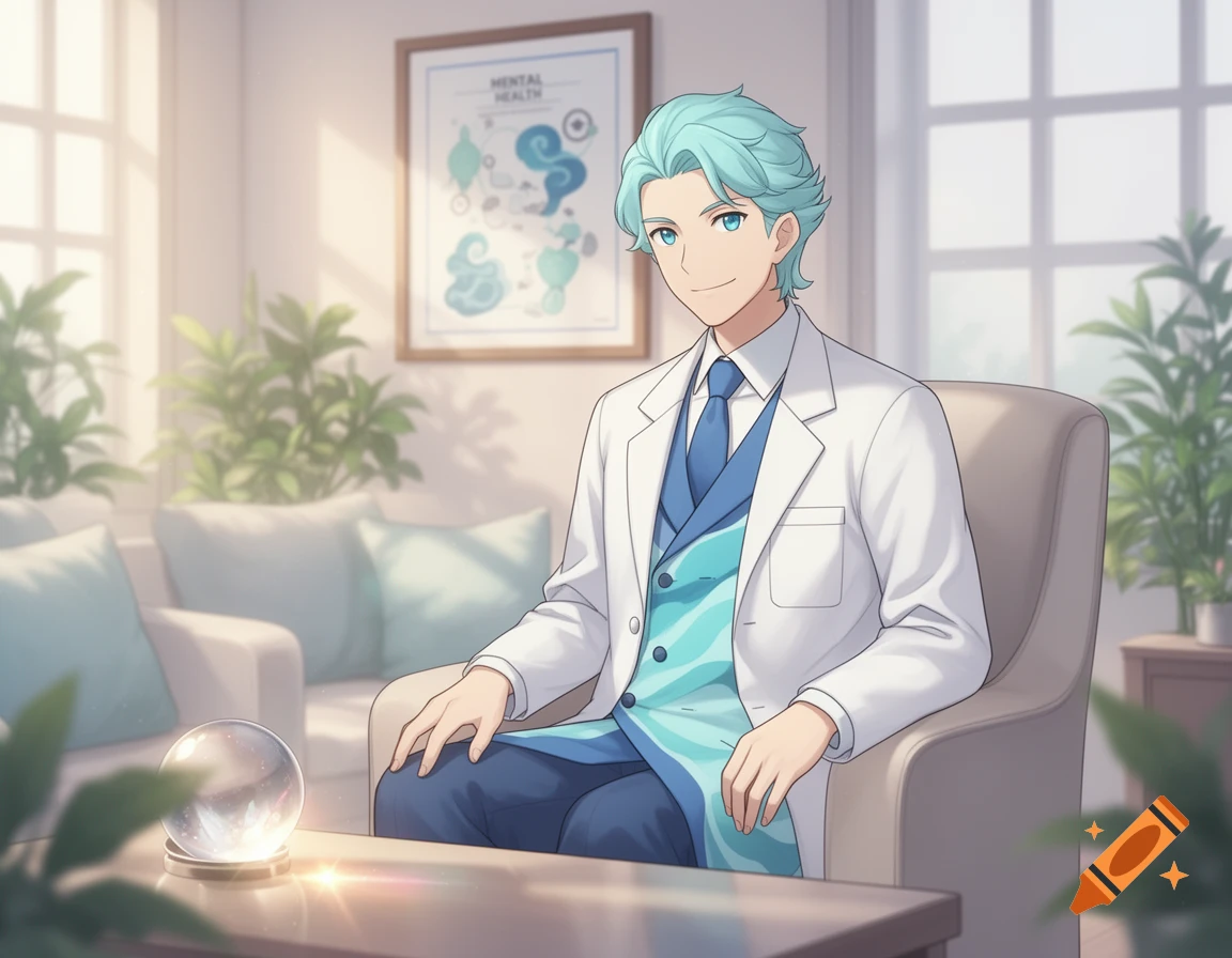 Anime-style Wallace in a doctor's coat sits smiling in a bright therapy office.