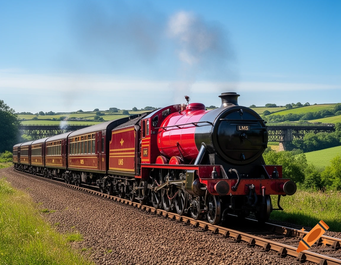 A red and black LMS steam train pulls coaches on tracks through a green, hilly landscape with a viaduct in the background under a blue sky.