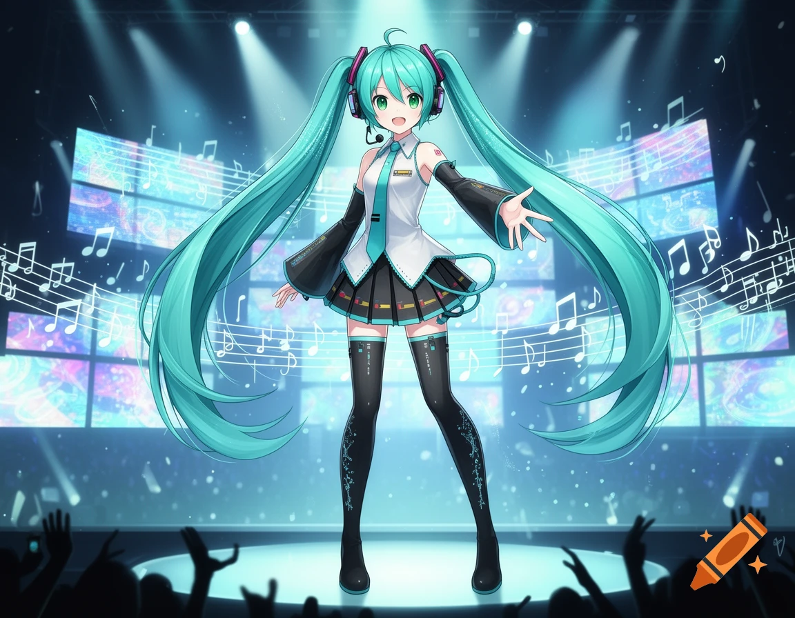 A vibrant anime character with long turquoise pigtails, a microphone headset, and a stage outfit, performing under spotlights with musical notes floating around and screens in the background, watched by a silhouetted audience.