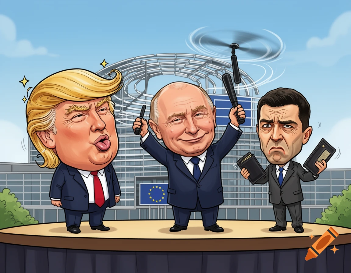Cartoon caricatures of Donald Trump sticking out his tongue, Vladimir Putin spinning a baton, and Volodymyr Zelensky with an empty wallet, on a stage in front of the European Parliament.