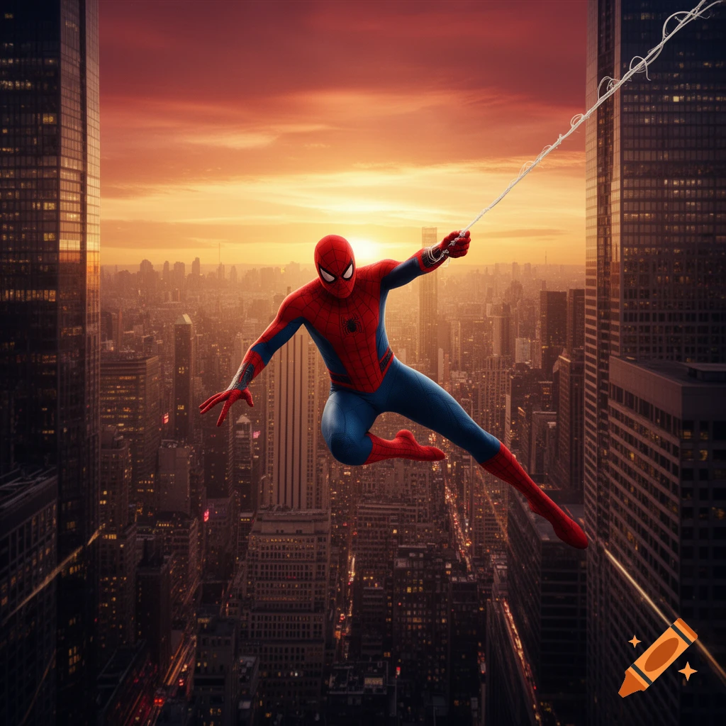 Spider-Man swings through a city skyline at sunset, with tall buildings and a vibrant orange sky.