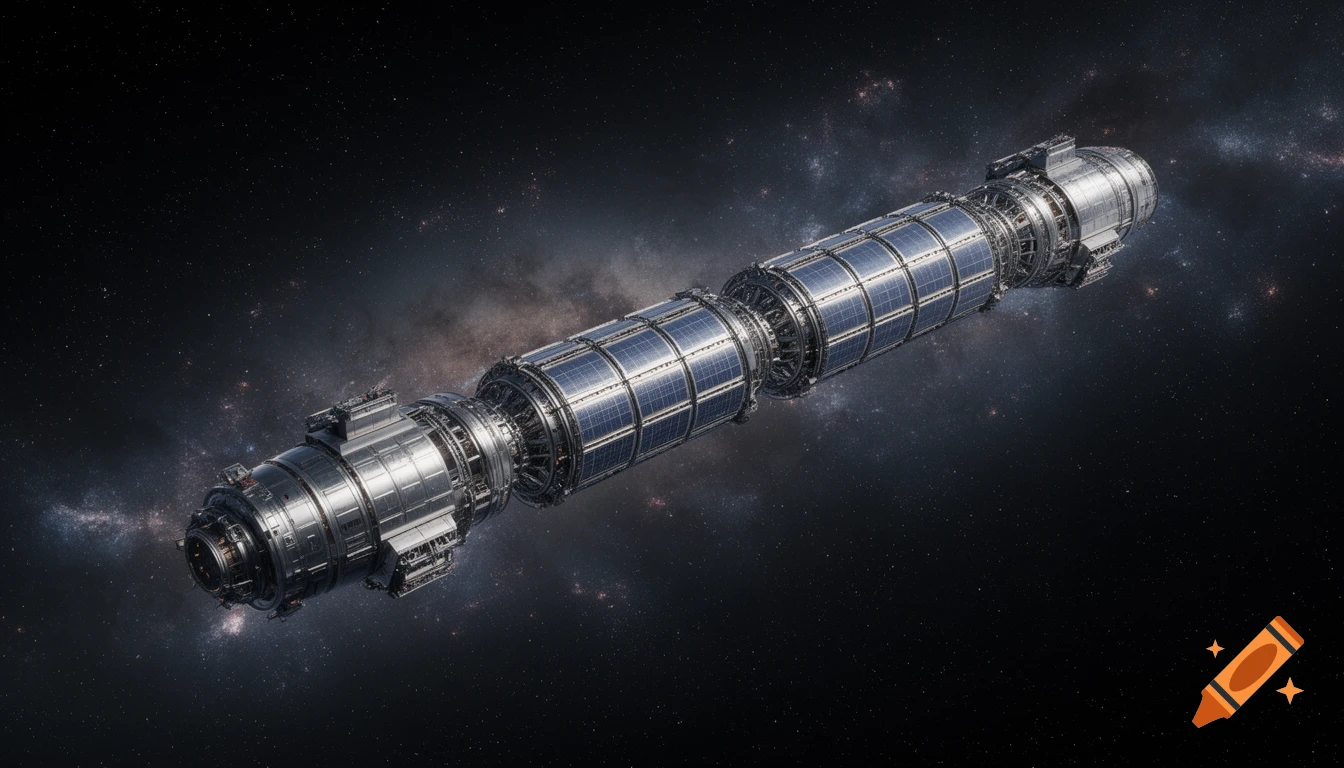 A long, cylindrical futuristic space habitat with solar panels and modular sections floats in deep space.