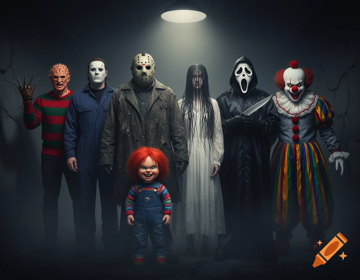 Iconic horror villains Freddy Krueger, Michael Myers, Jason Voorhees, Chucky, Ghostface, Samara, and Pennywise stand in a dimly lit, foggy room.
