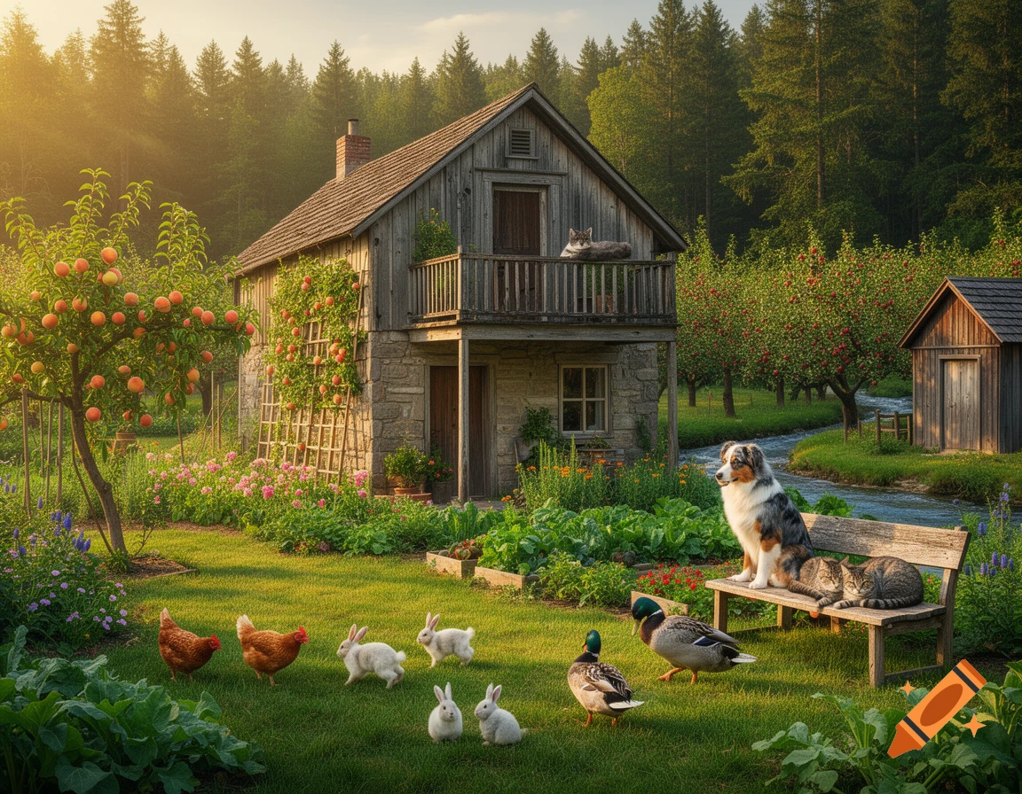 A photorealistic image of a rustic farmhouse surrounded by a lush garden, fruit trees, chickens, rabbits, ducks, a dog, and cats, at sunrise.