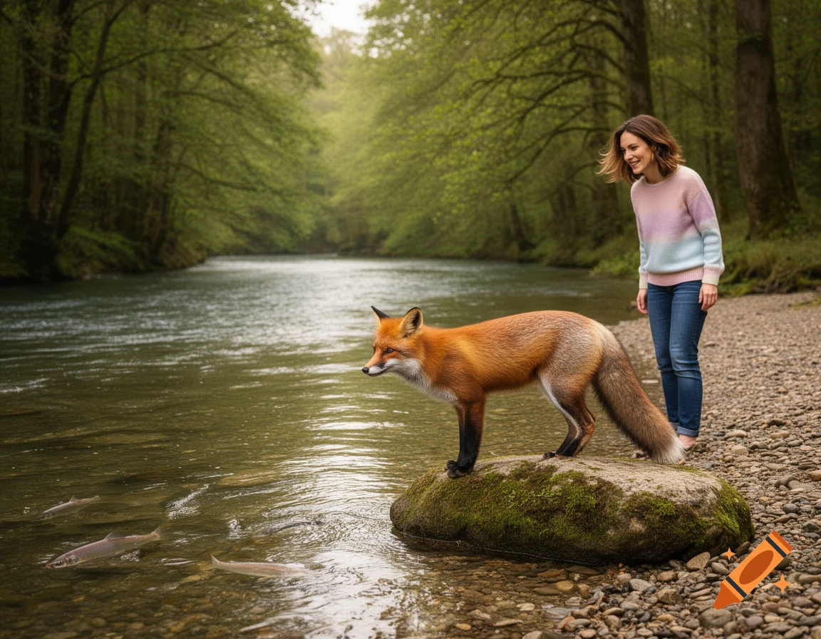 A woman watches a red fox standing on a mossy rock in a clear river with fish, surrounded by a green forest.