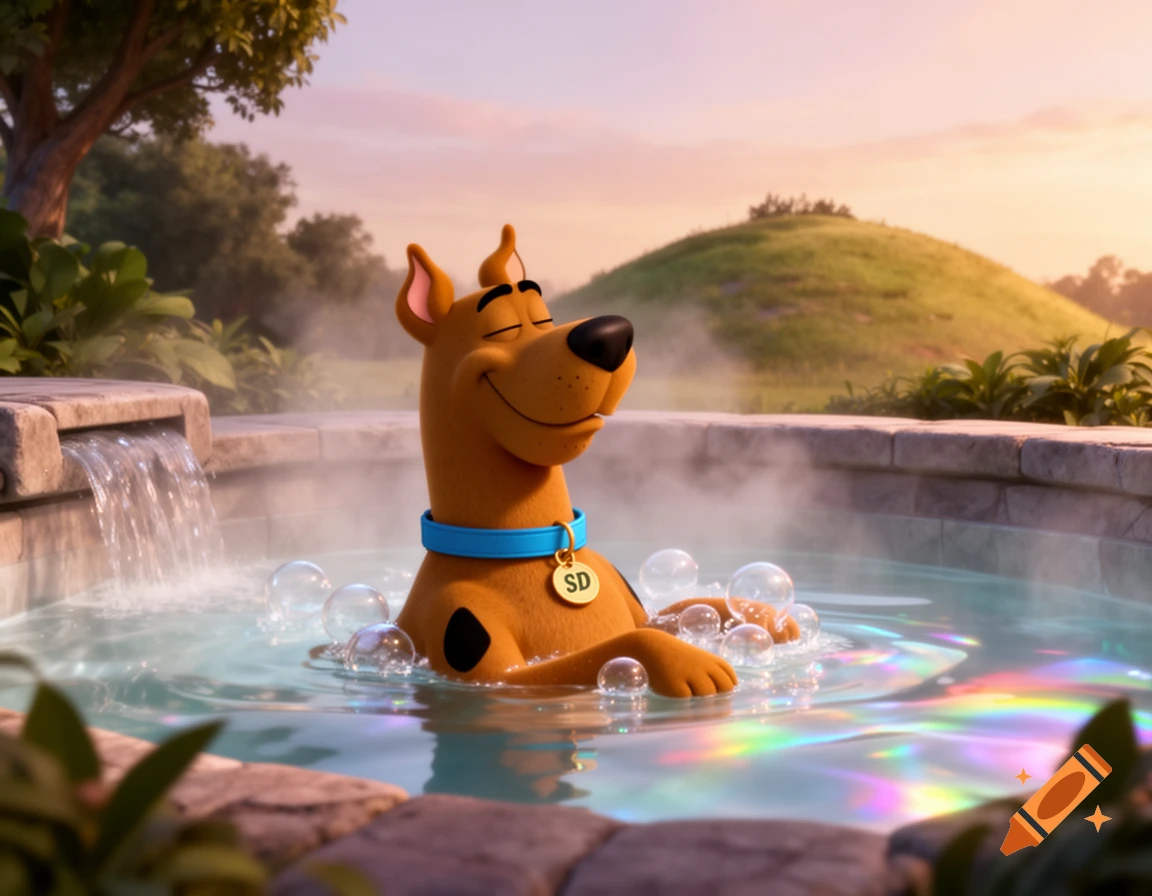 Scooby-Doo happily relaxing chest-deep in a bubbling hot tub with water cascading from a stone wall, in 3D animation style.