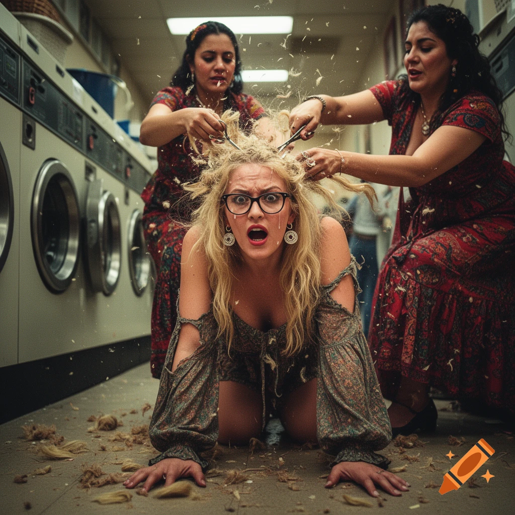 A distressed woman on her hands and knees in a laundromat has her hair aggressively cut by two other women, with hair flying around.
