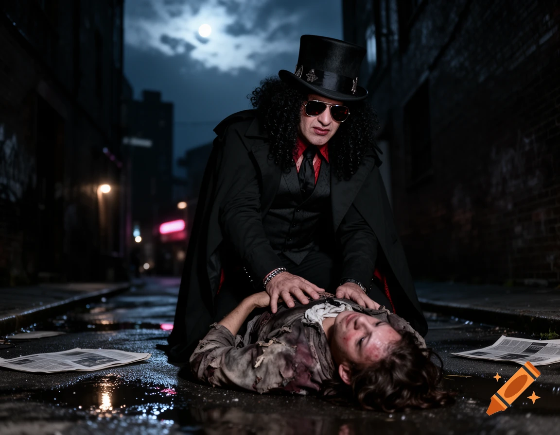 A photorealistic image of a vampire-like figure resembling Slash leaning over an injured person in a dark, wet alley under a full moon.