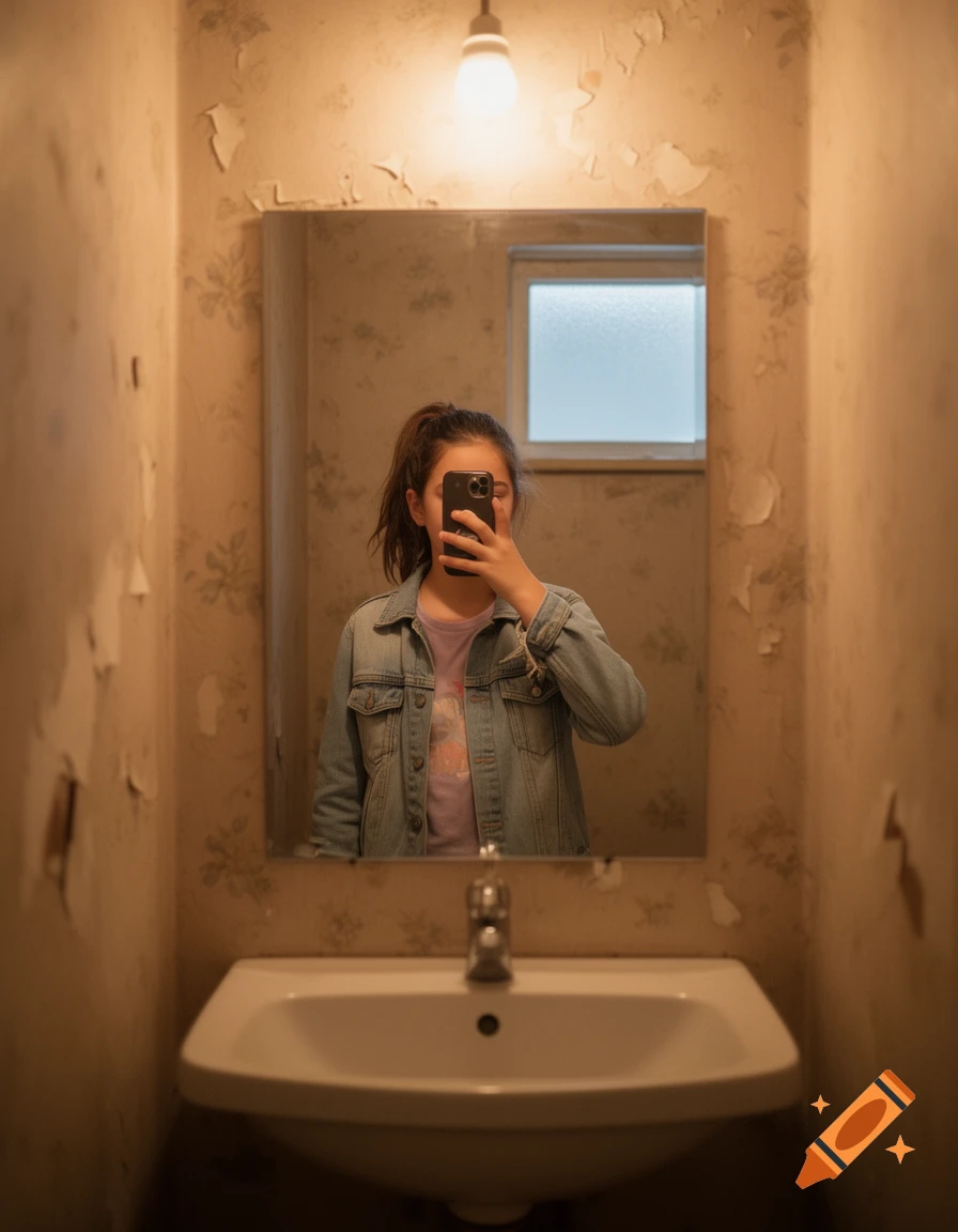 A young girl takes a selfie in a mirror, her phone obscuring her face, in a bathroom with peeling wallpaper.