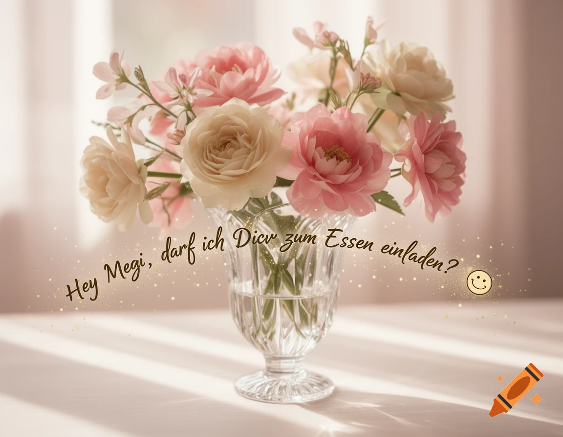 A bouquet of pink and cream roses in a crystal vase on a light table, with a German text overlay and a smiley face.