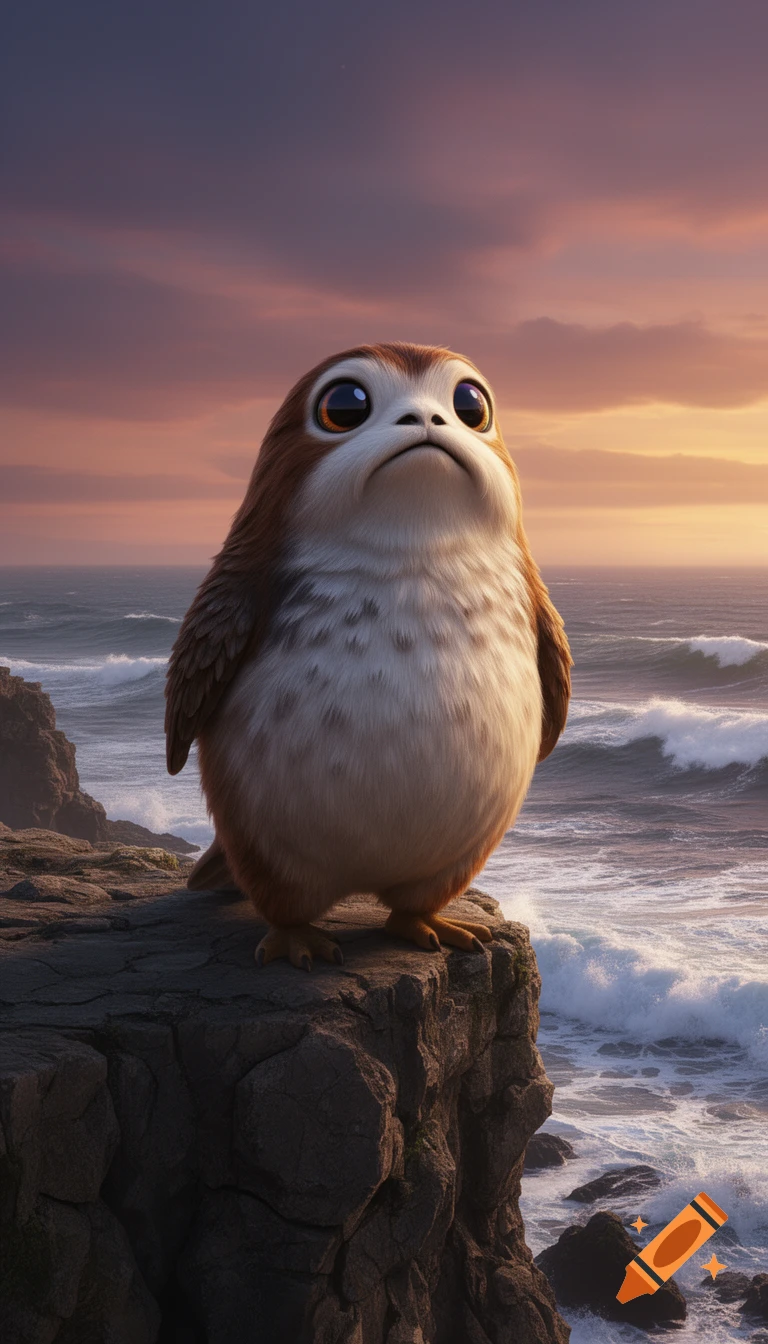 A fluffy porg with big eyes stands on a rocky cliff overlooking a dramatic ocean at sunset, in a realistic style.