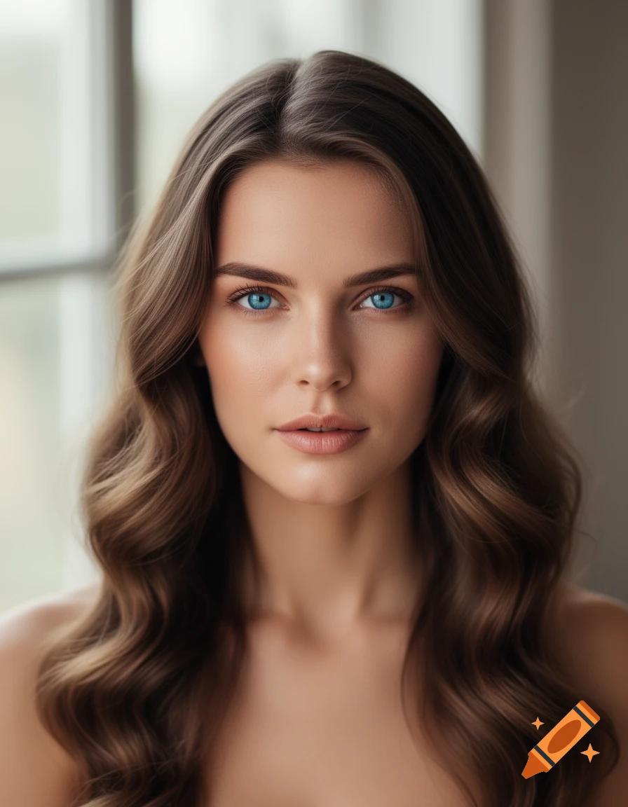 A close-up portrait of a woman with long wavy brown hair, striking blue eyes, and bare shoulders, looking directly forward.
