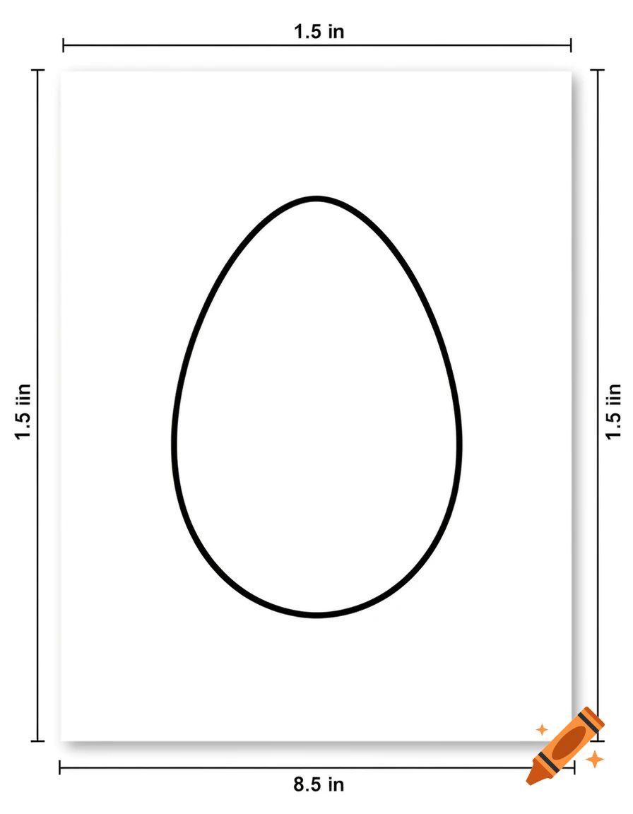 A black outline of an egg on a white background, with diagrammatic measurements of 1.5 inches and 8.5 inches.