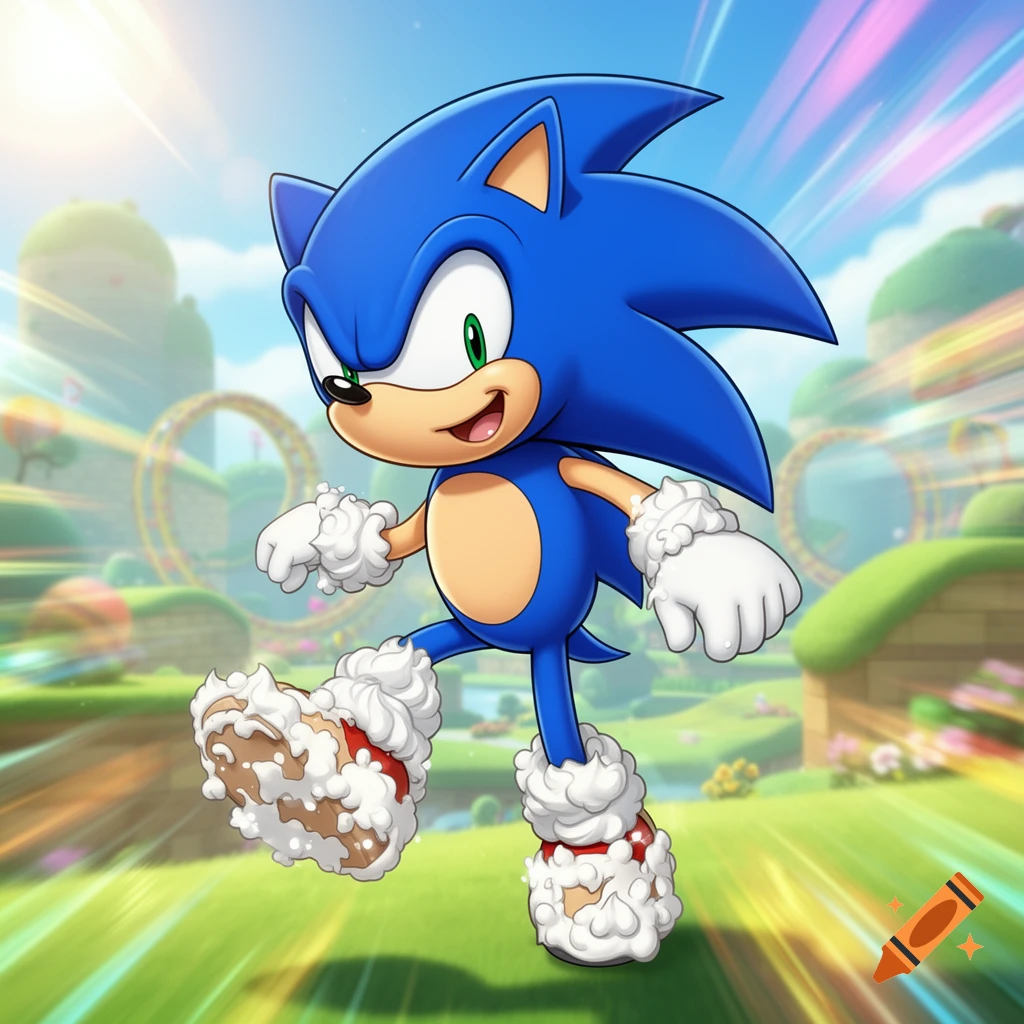 Sonic the Hedgehog runs across a vibrant green landscape, his red shoes covered in whipped cream, against a blue sky.
