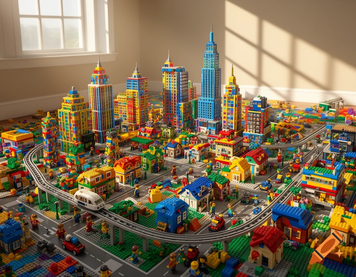 A vibrant, colorful LEGO city with skyscrapers, houses, roads, a monorail, and tiny figures, bathed in sunlight from a window.