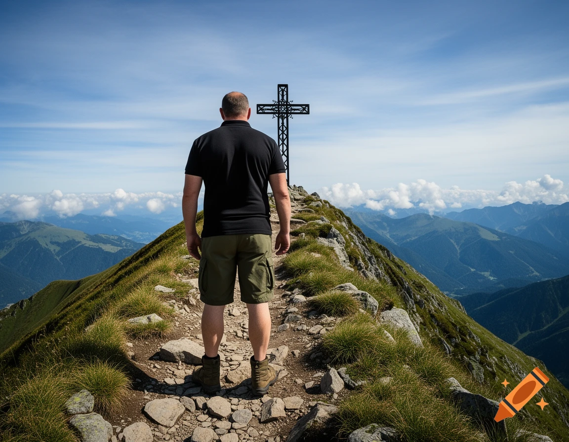 A man in a black polo and khaki shorts stands on a rocky mountain path, looking up at a large cross on the peak with a sprawling mountain range under a blue sky.