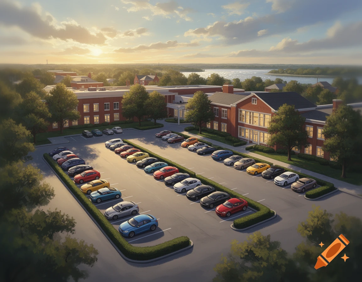 Aerial painting of a high school parking lot filled with colorful cars at sunset, with a lake in the background.
