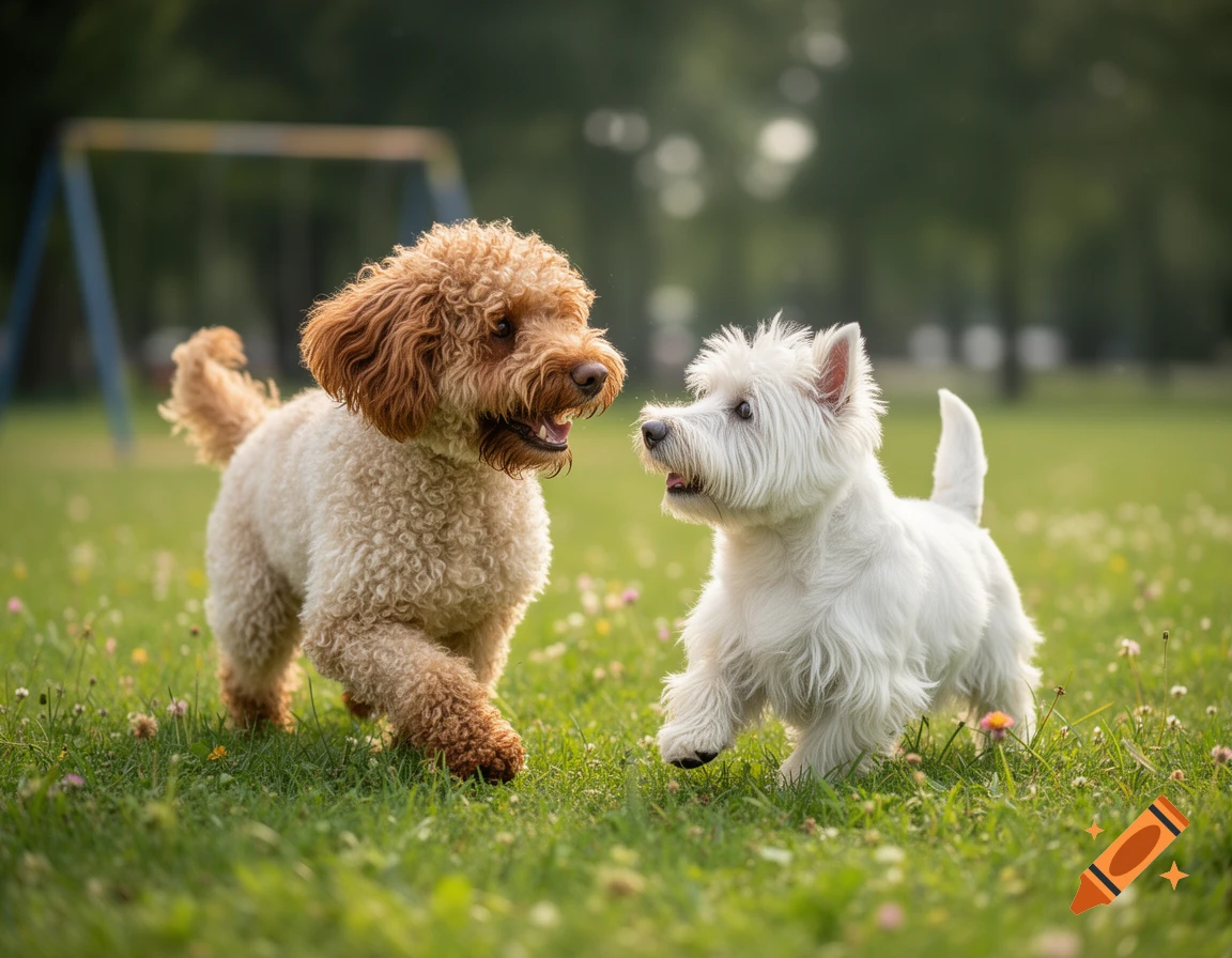 A light brown curly-haired dog and a white fluffy West Highland Terrier play together in a grassy park.