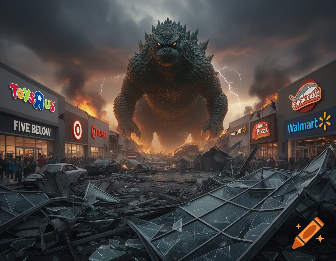 Photorealistic image of Godzilla destroying a shopping mall with store signs like Toys R Us, Five Below, Target, Marco's Pizza, and Walmart visible amidst fire and debris under a stormy sky.