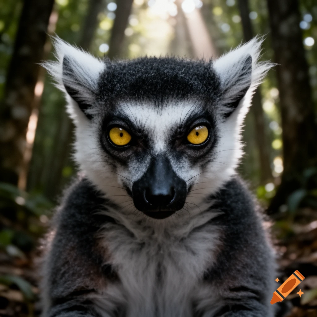 Close-up photorealistic shot of an intense lemur with piercing yellow eyes staring forward in a sun-dappled forest.