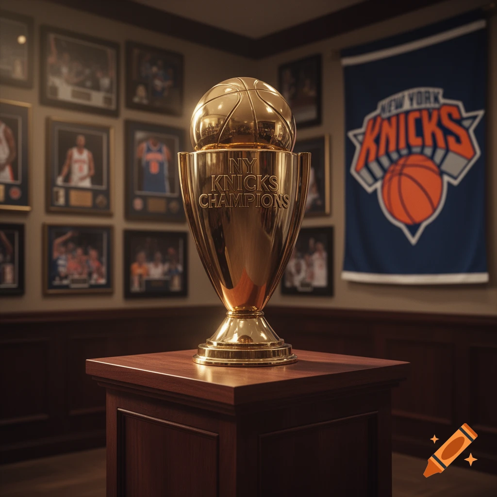 A golden trophy with a basketball on top, reading 'NY KNICKS CHAMPIONS', stands on a wooden pedestal with a New York Knicks banner and framed pictures in the background.