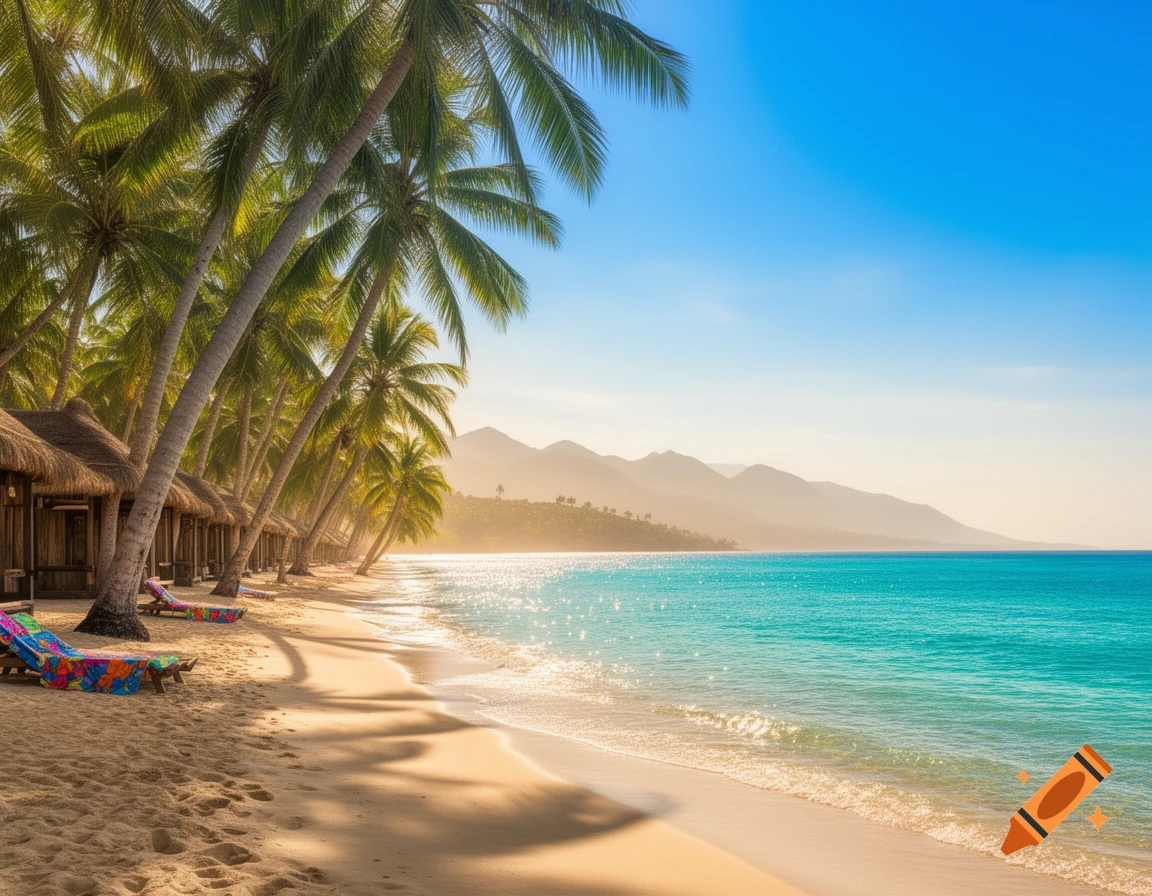 A photorealistic tropical beach with palm trees, thatched huts, and turquoise ocean under a clear blue sky.