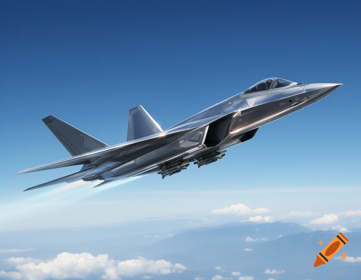 A sleek, silver futuristic jet fighter with missiles under its wings soars through a blue sky with white clouds below.