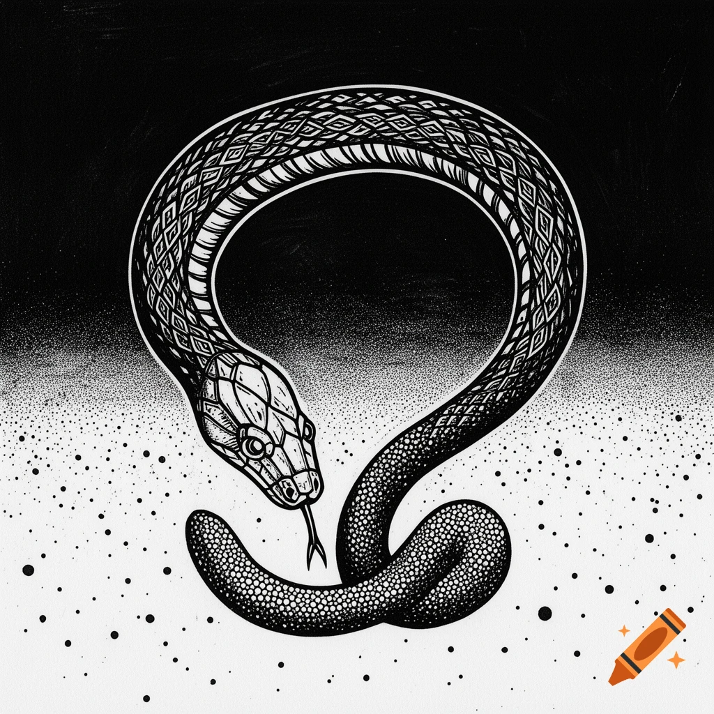 Black and white linocut of a U-shaped snake with scales and stippled texture, head down, against a dark top and stippled white bottom.
