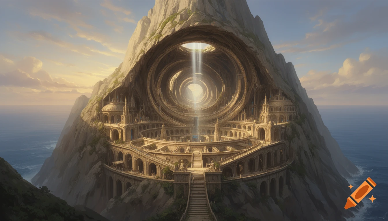 A majestic fantasy city with intricate stone structures carved into a giant mountain, featuring a spiraling atrium and a light beam, overlooking the ocean under a cloudy sky.