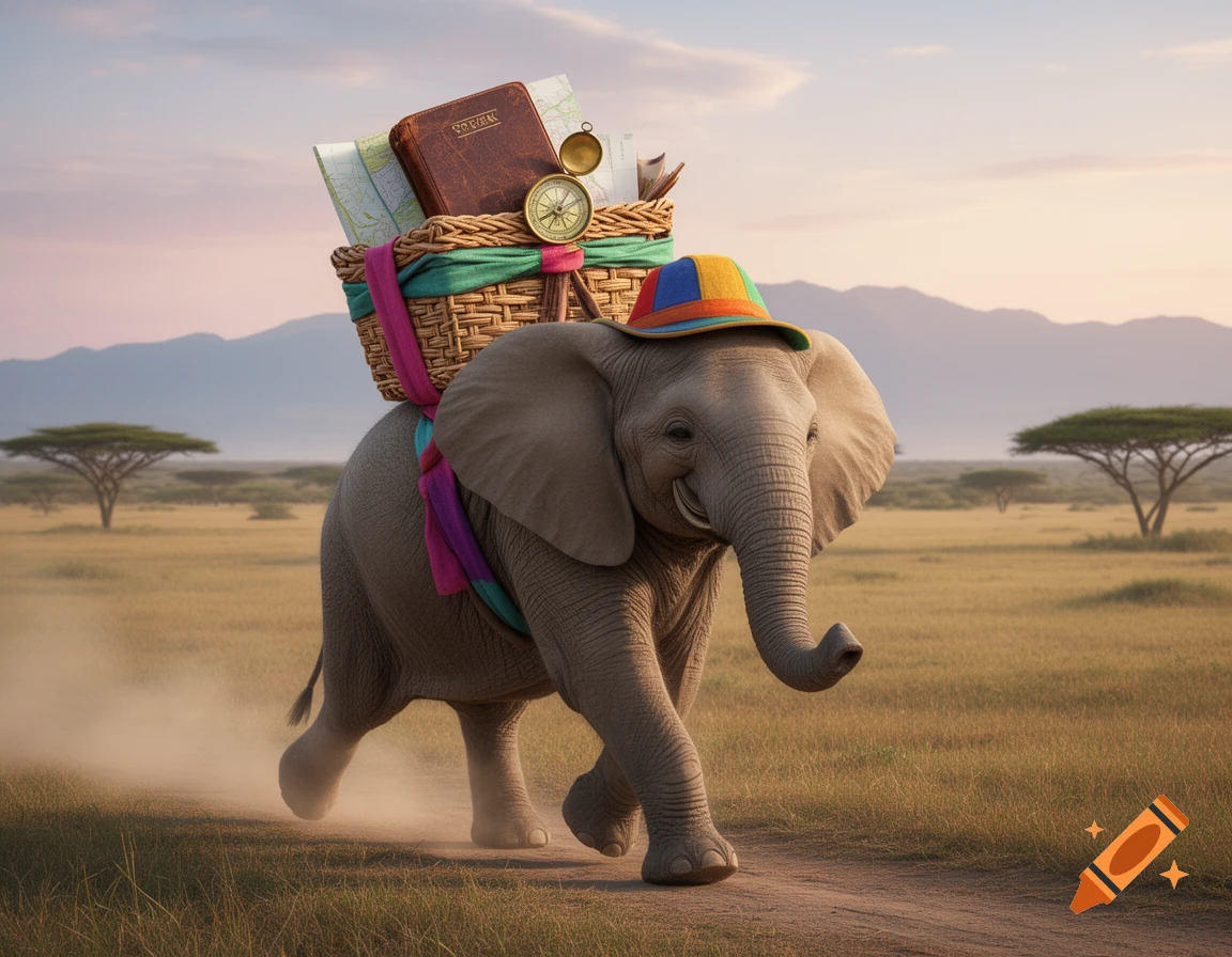 A cute elephant wearing a colorful hat and carrying a travel basket on its back walks through a sunny savanna at sunset, leaving a dust trail.