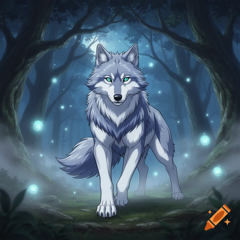 An anime-style gray wolf with glowing blue eyes stands in a dark, misty forest with floating blue orbs.