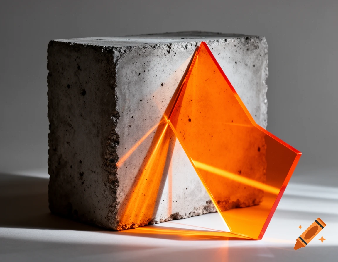 A raw concrete block and a vibrant orange translucent acrylic sheet with light rays scattering through them, creating sharp contrast.