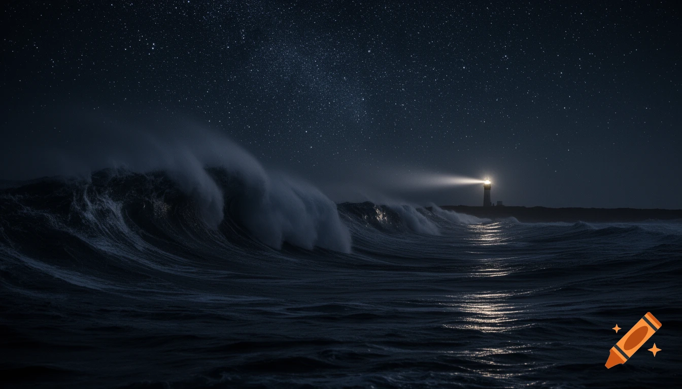 Photorealistic image of towering dark waves in a stormy night sea under a starry sky, with a lighthouse beam in the distance.