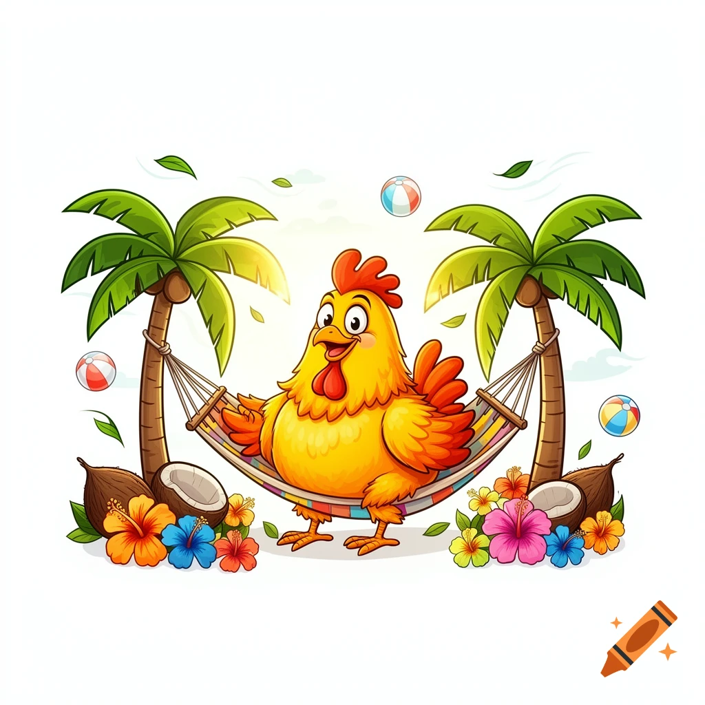 A happy cartoon chicken relaxes in a colorful hammock between two palm trees, surrounded by tropical flowers, coconuts, and beach balls on a white background.