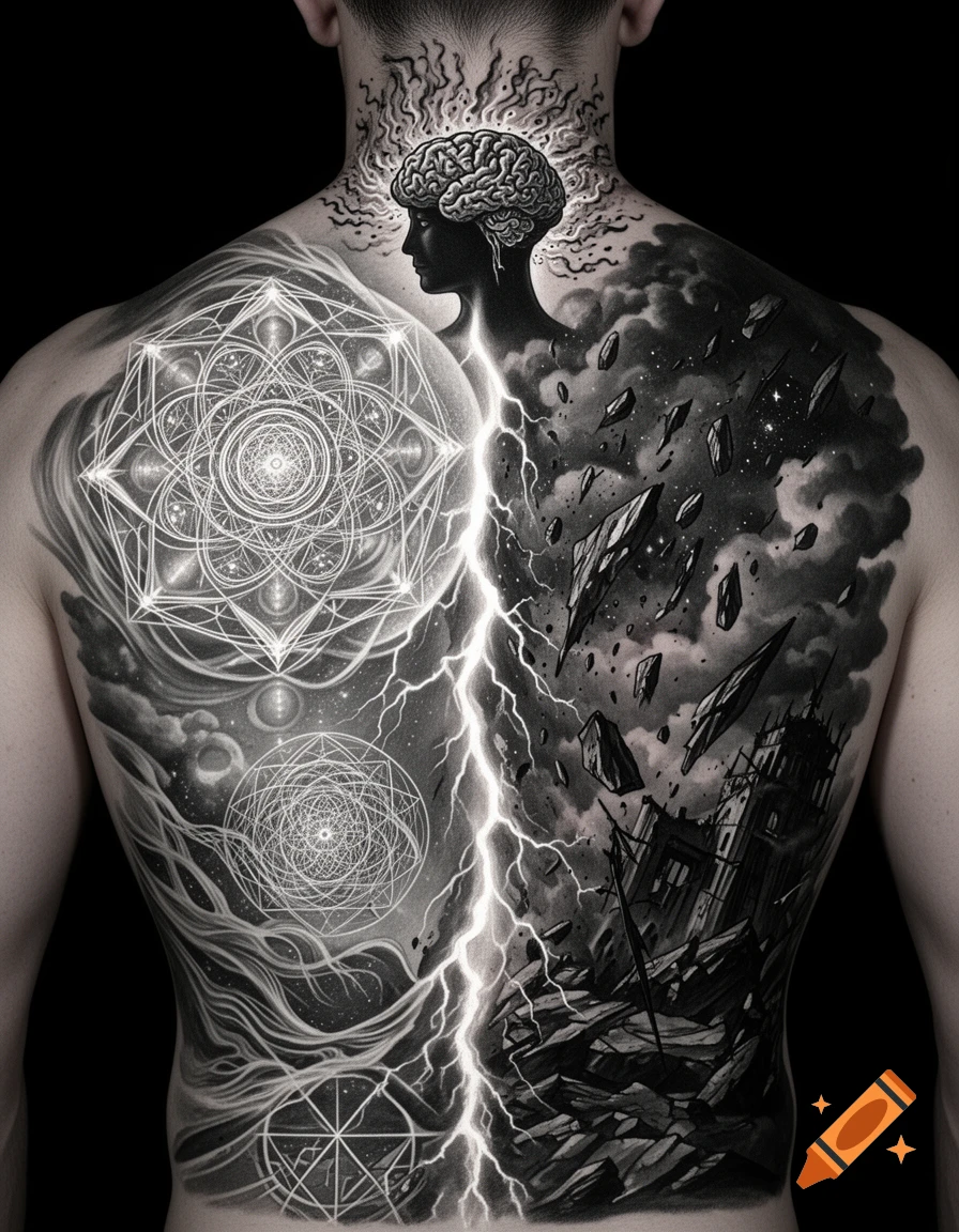 Detailed black and white full-back tattoo on a man, split by lightning: geometric order on the left, chaotic destruction on the right, with a brain at the top.