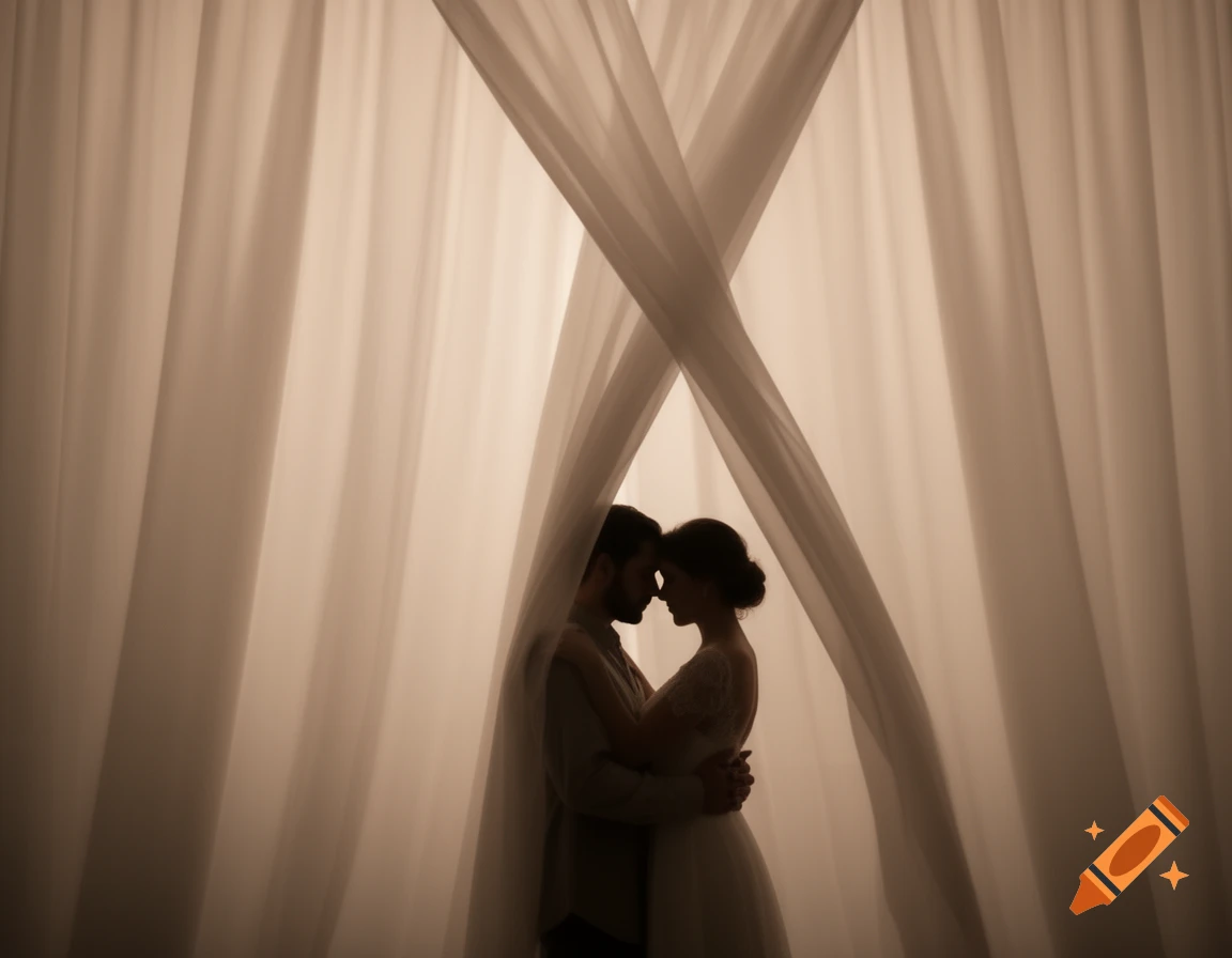 Silhouettes of a man and woman embracing intimately, framed by sheer crossed curtains with soft backlighting.