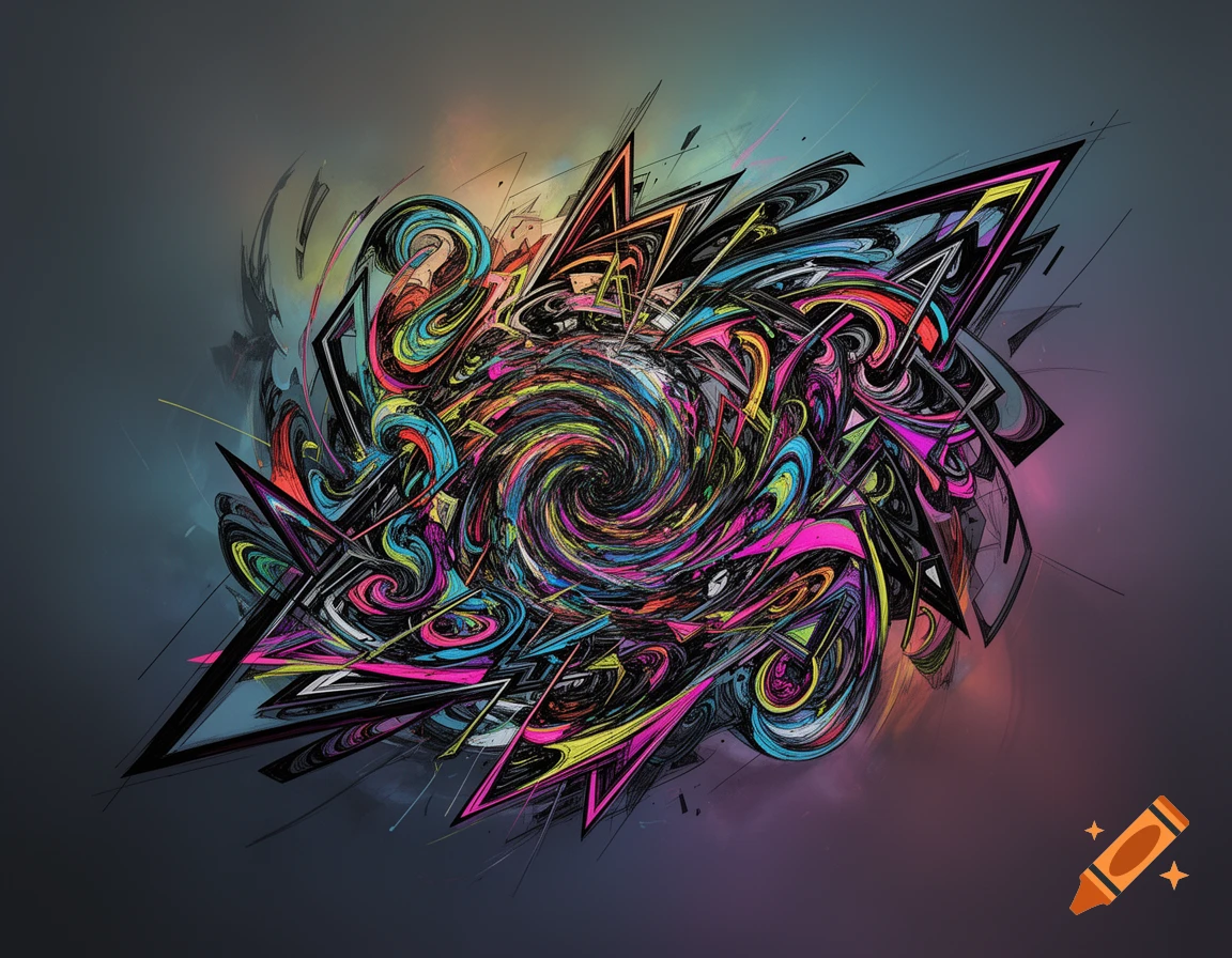 A vibrant abstract composition with a central colorful swirl of lines, geometric shapes, and fluid forms against a dark background.