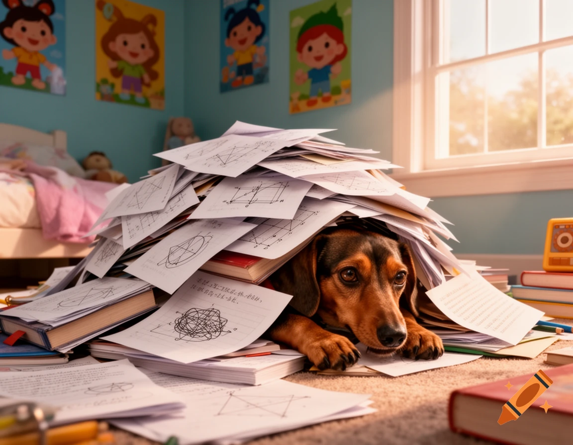 A cute brown dachshund dog peeks out from under a large pile of homework papers and books in a child's messy bedroom.